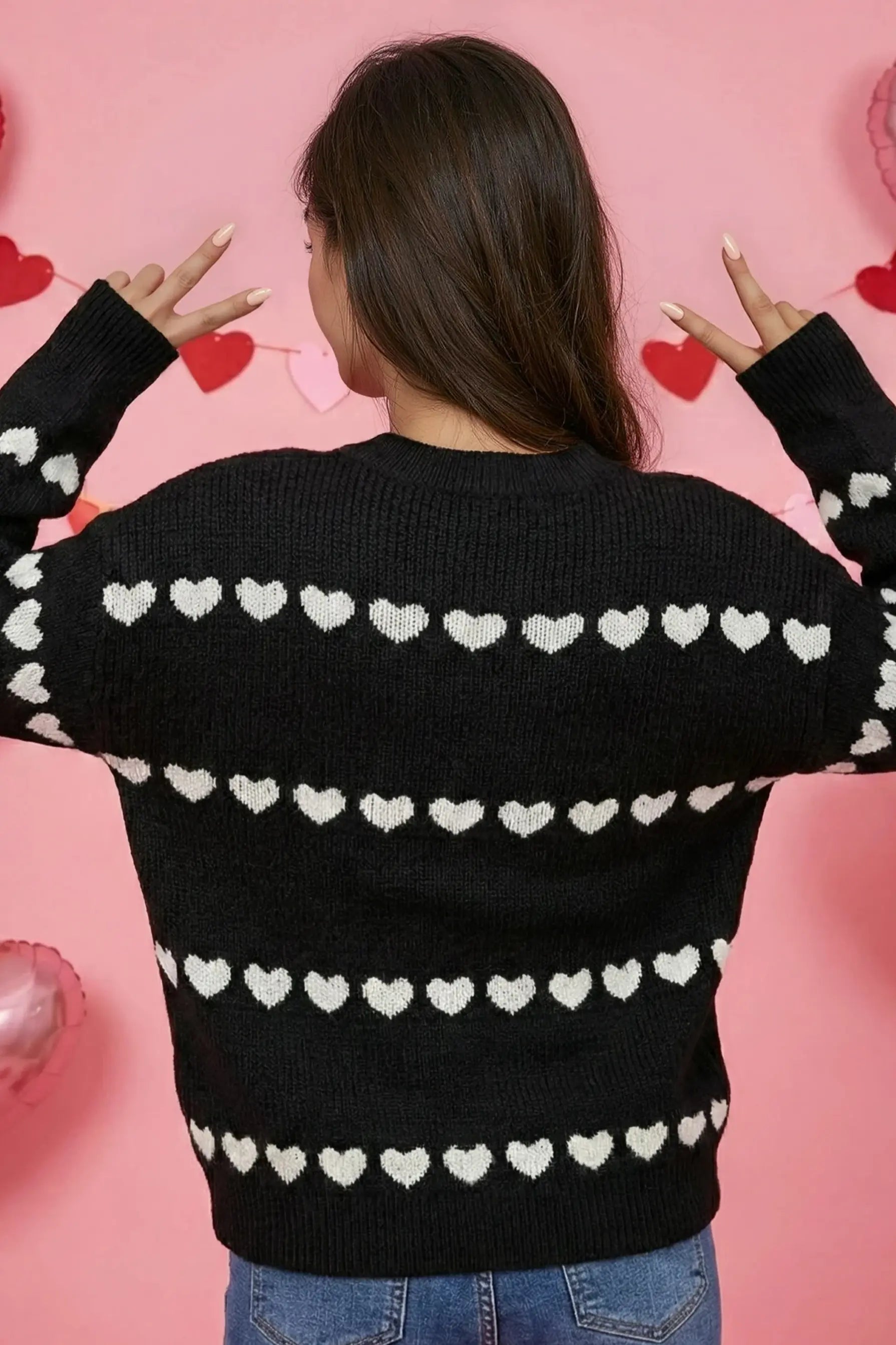 Heart Motif Knit Sweater With Rows Of Hearts In Relaxed Fit Miss Sparkling