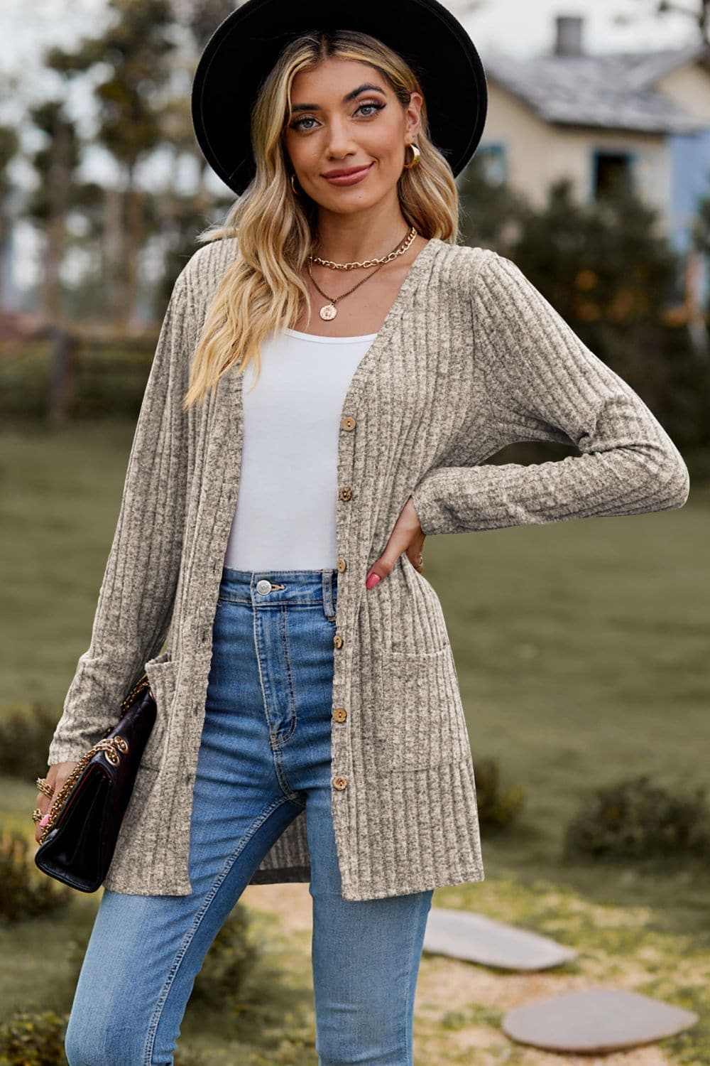 Heathered ribbed cardigan with pockets - Love Salve 