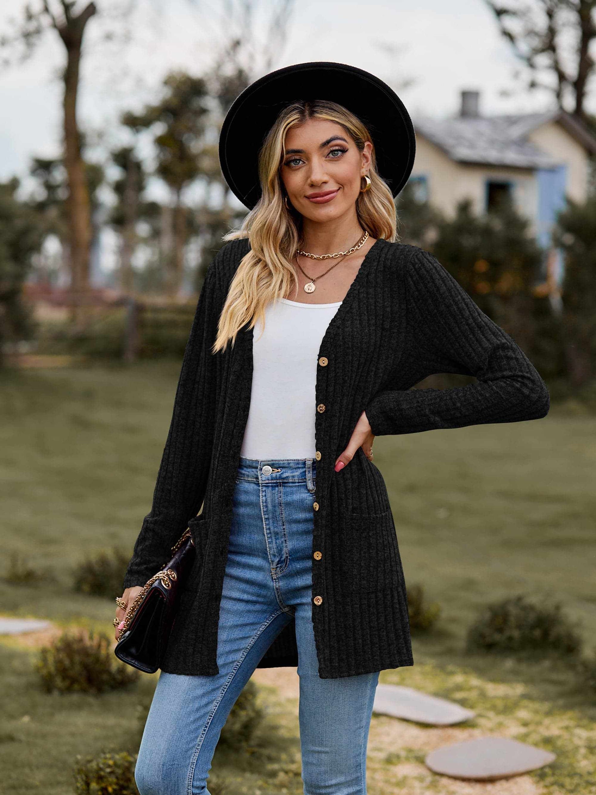 Heathered ribbed cardigan with pockets - Love Salve 