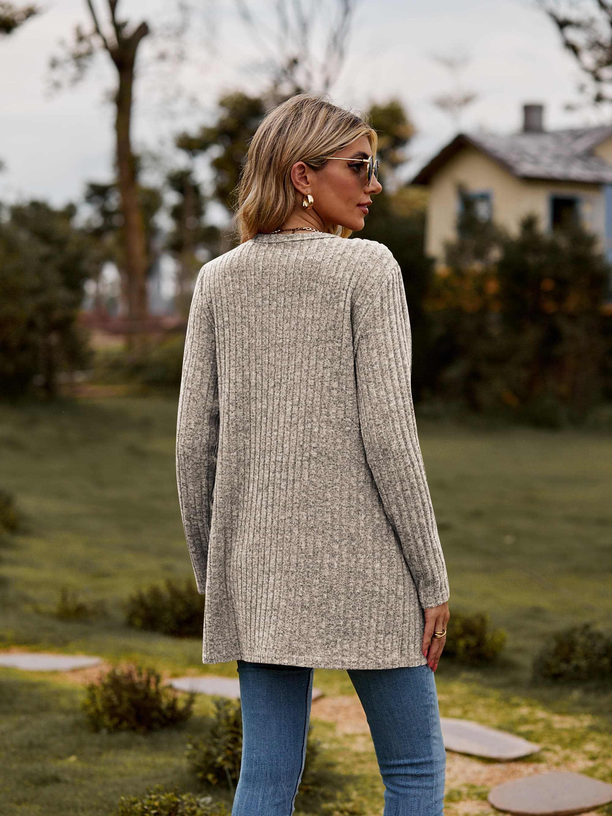 Heathered ribbed cardigan with pockets - Love Salve 