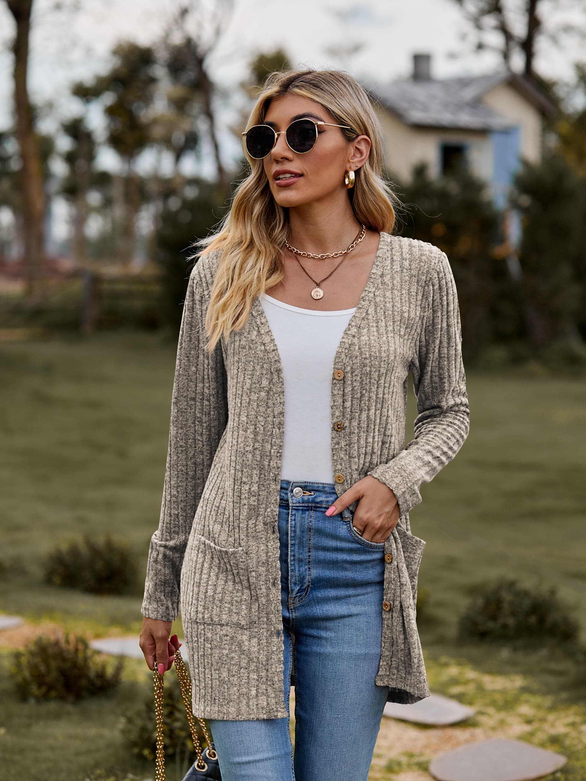 Heathered ribbed cardigan with pockets - Love Salve 