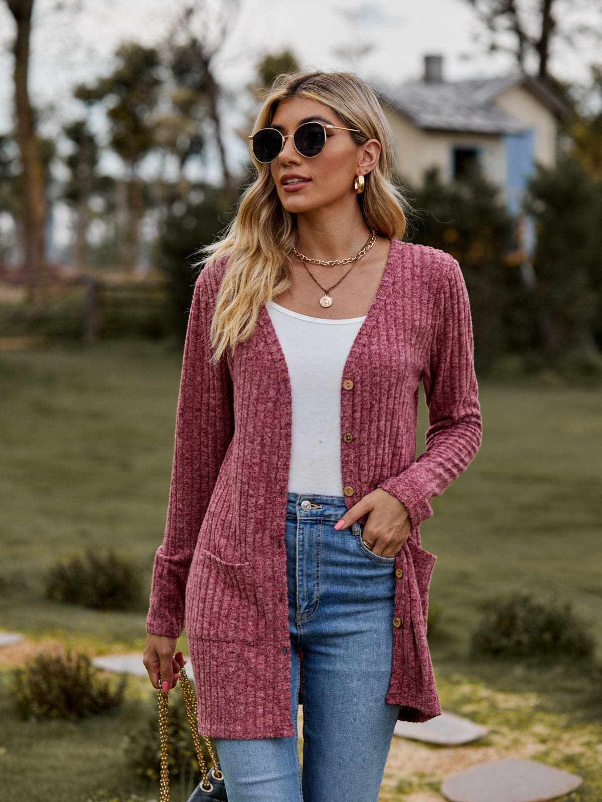 Heathered ribbed cardigan with pockets - Love Salve 