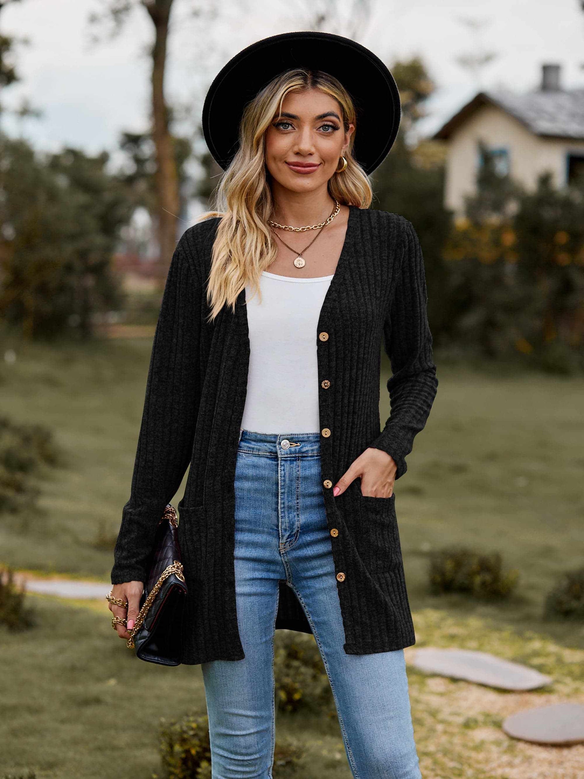 Heathered ribbed cardigan with pockets - Love Salve 
