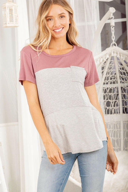 Heimish Color Block Striped Round Neck Short Sleeve T-Shirt - Love Salve 