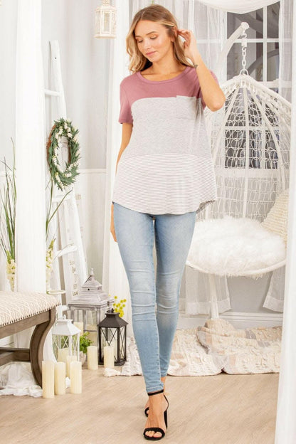 Heimish Color Block Striped Round Neck Short Sleeve T-Shirt - Love Salve 