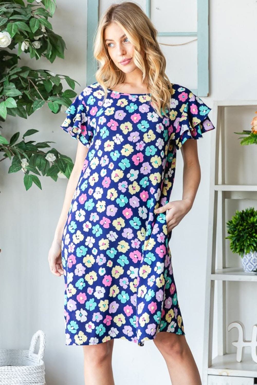 Heimish Full Size Floral Ruffled Dress with Pockets 