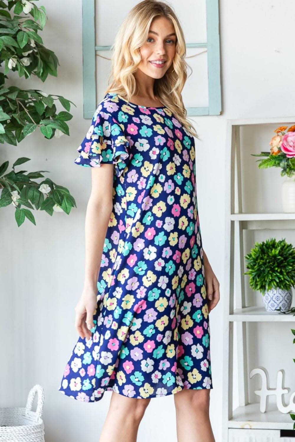 Heimish Full Size Floral Ruffled Dress with Pockets 