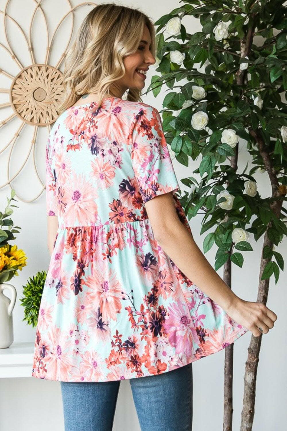 Heimish Full Size Floral V-Neck Short Sleeve Babydoll Blouse 