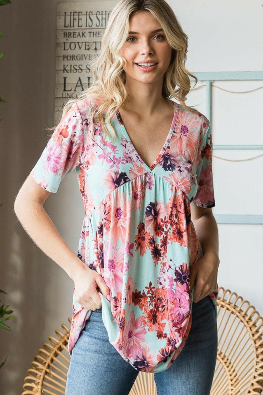 Heimish Full Size Floral V-Neck Short Sleeve Babydoll Blouse 