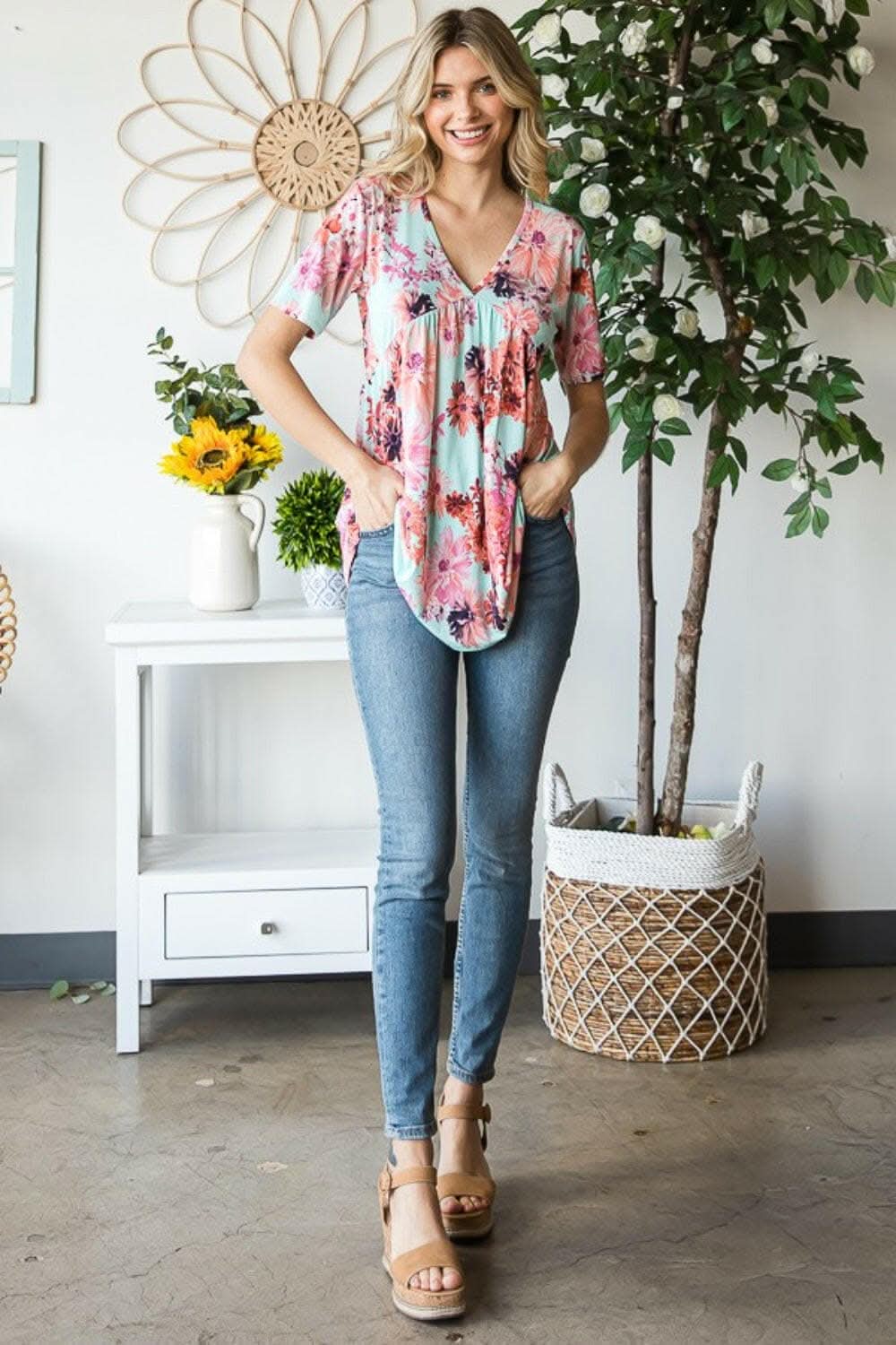 Heimish Full Size Floral V-Neck Short Sleeve Babydoll Blouse 
