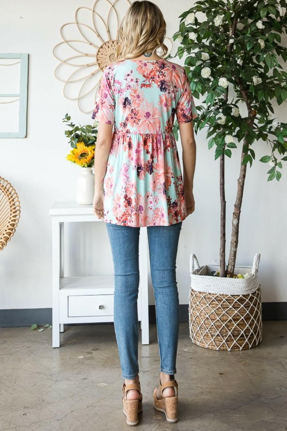 Heimish Full Size Floral V-Neck Short Sleeve Babydoll Blouse 