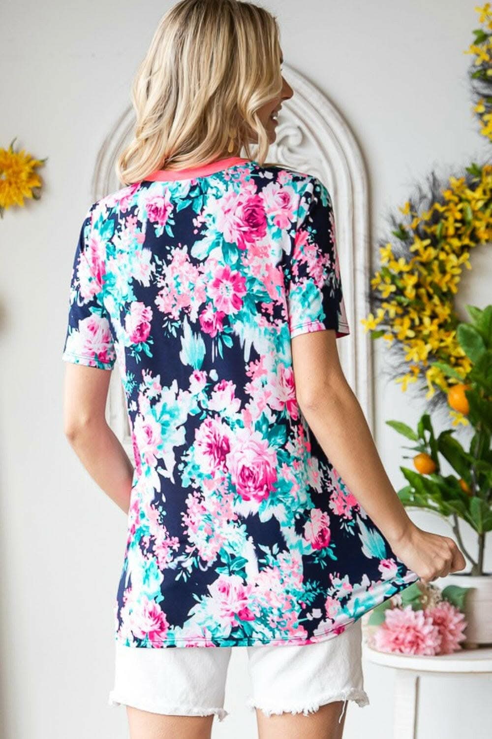 Heimish Full Size Floral V-Neck Short Sleeve T-Shirt 
