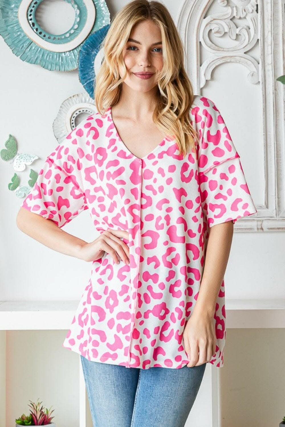 Heimish Full Size Leopard Exposed Seam Short Sleeve Top - Love Salve 