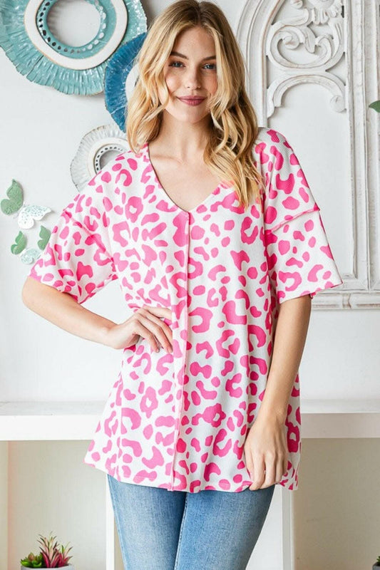 Heimish Full Size Leopard Exposed Seam Short Sleeve Top - Love Salve 