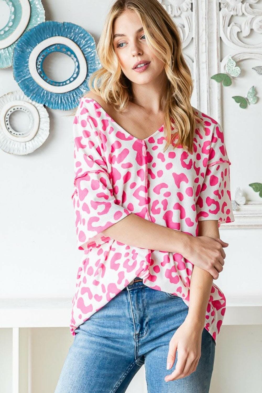 Heimish Full Size Leopard Exposed Seam Short Sleeve Top - Love Salve 