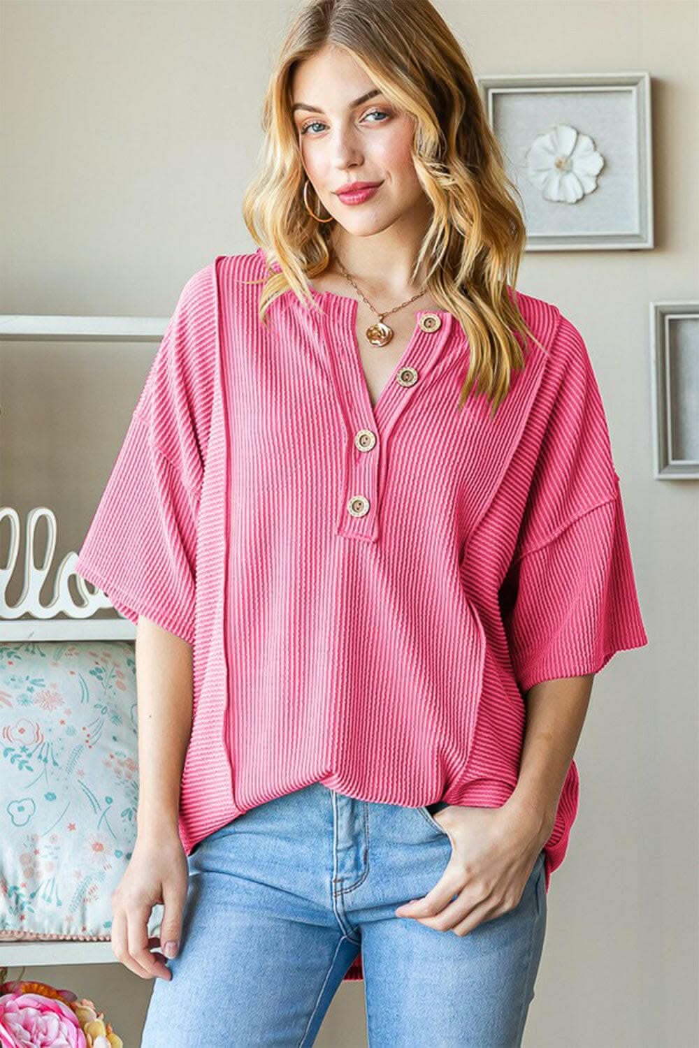 Heimish Full Size Ribbed Half Button Drop Shoulder Top 