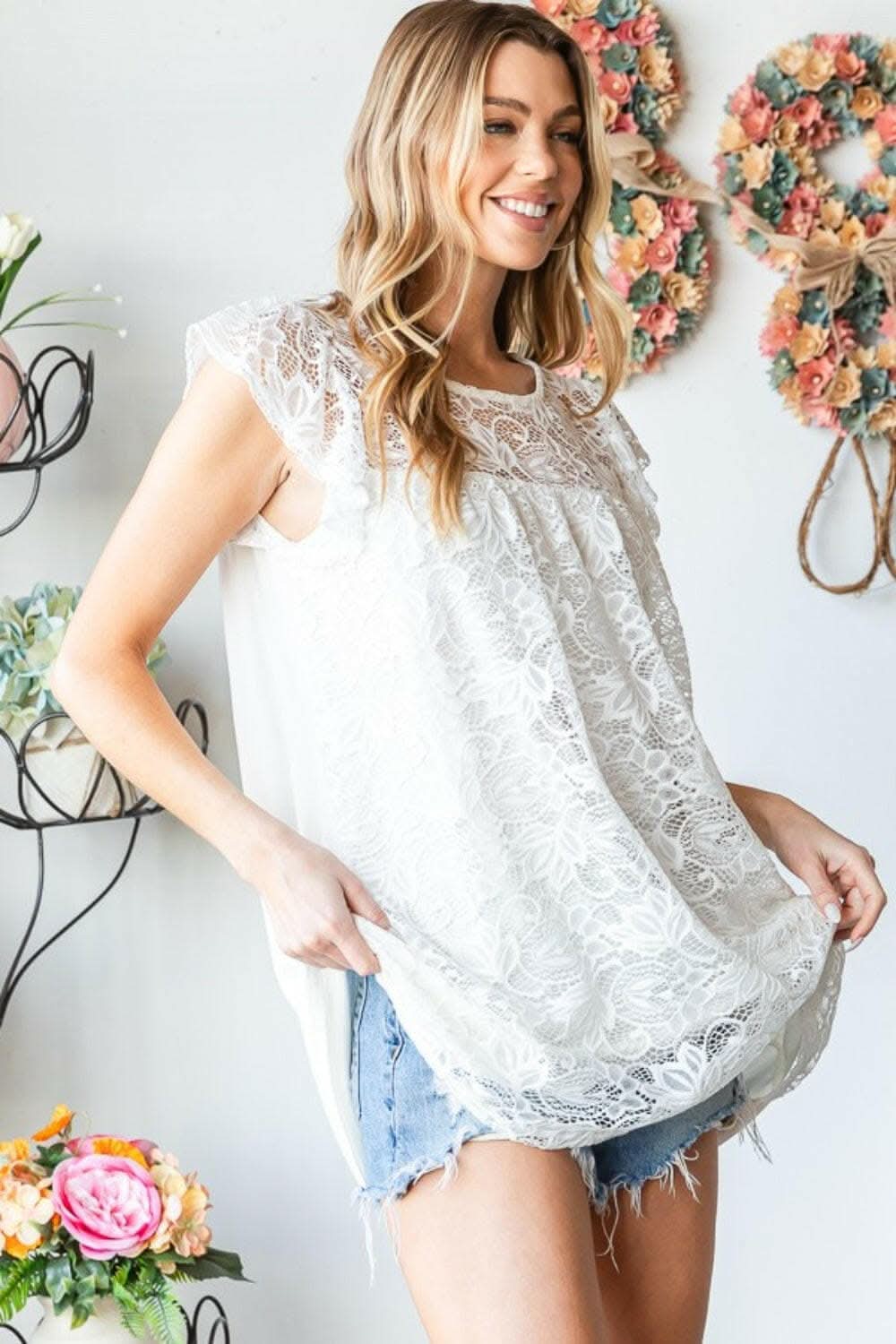 Heimish Full Size Round Neck Cap Sleeve Lace Top - Love Salve 