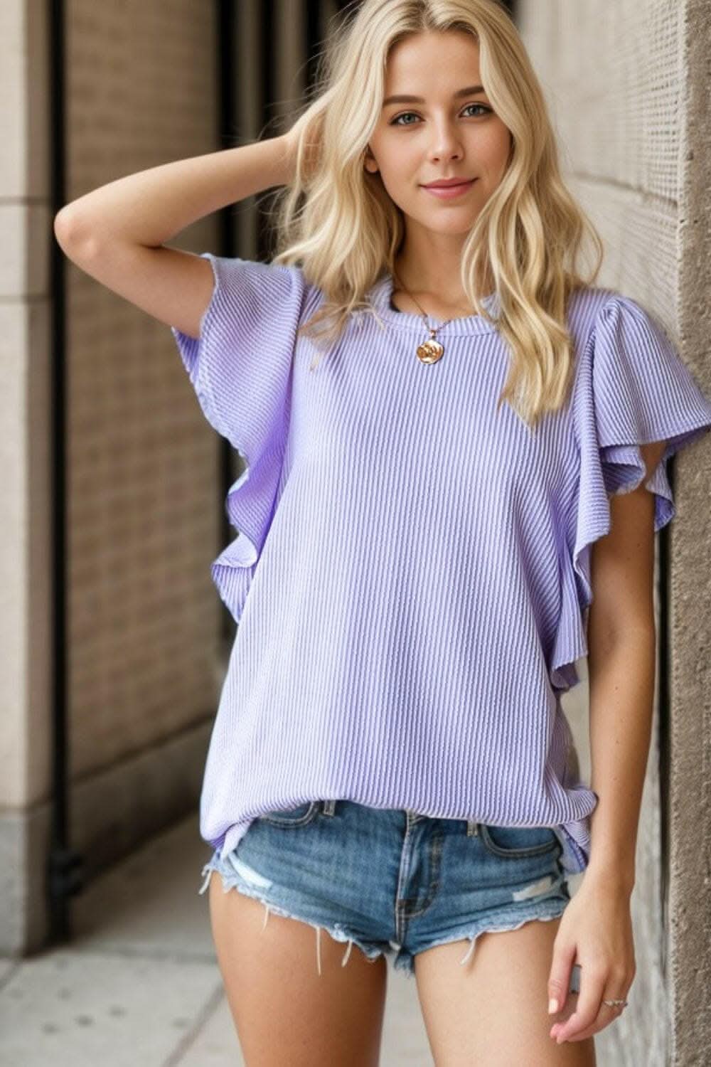 Heimish Full Size Ruffled Sleeve Ribbed Top 
