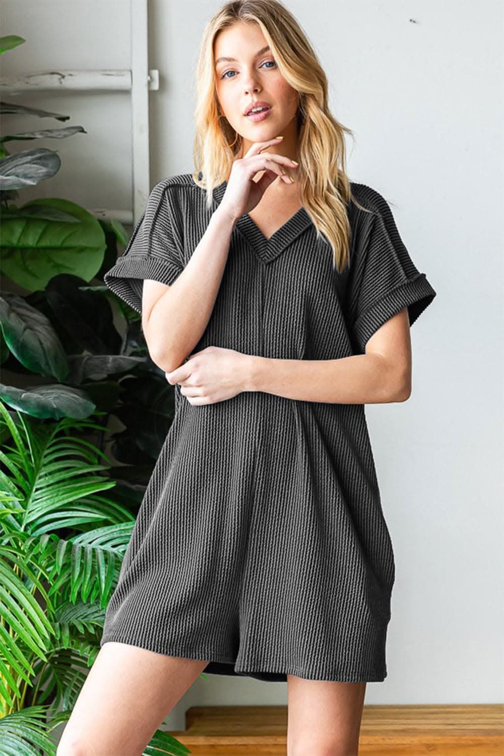 Heimish Full Size Short Sleeve Ribbed Romper with Pockets 