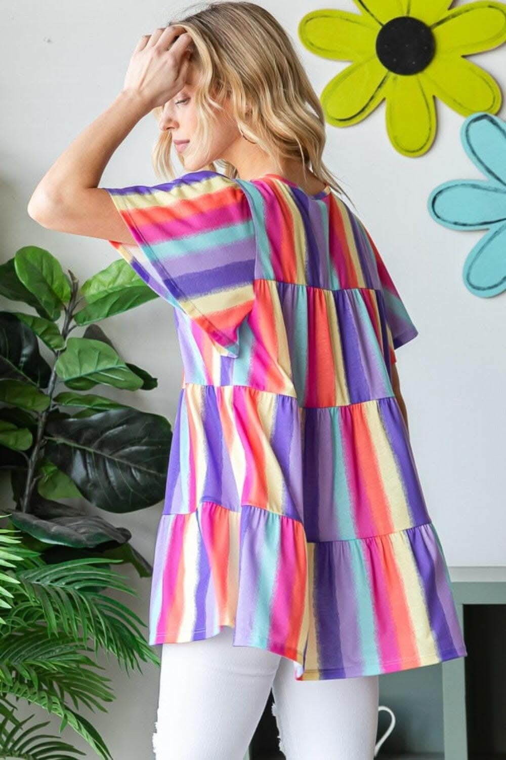 Heimish Full Size Short Sleeve Striped Tiered Top 