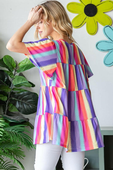 Heimish Full Size Short Sleeve Striped Tiered Top 