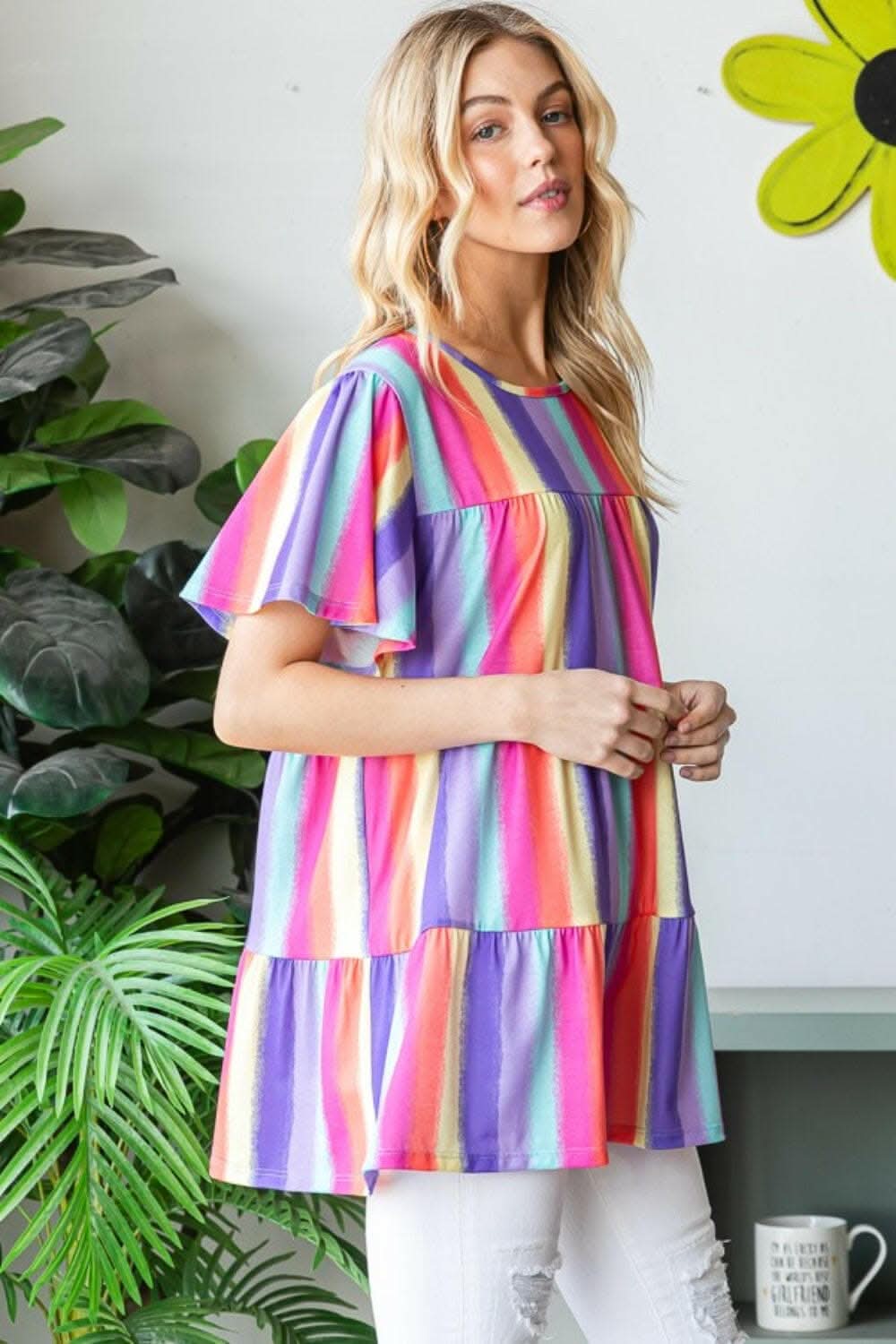 Heimish Full Size Short Sleeve Striped Tiered Top 