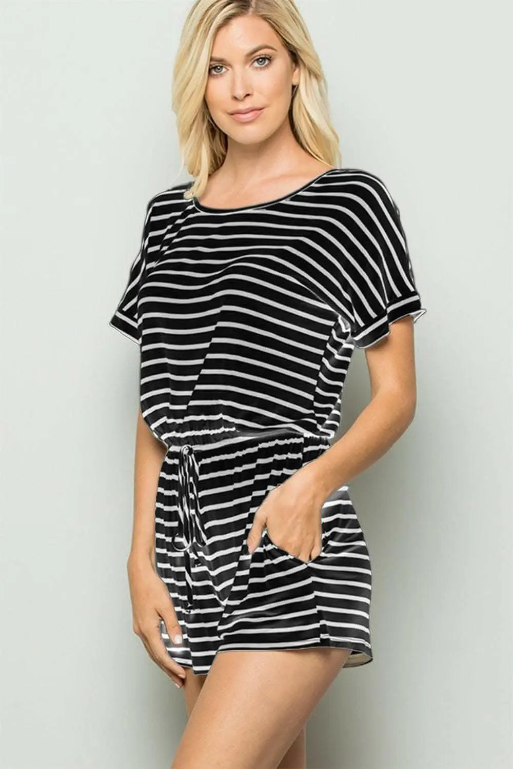 Heimish Full Size Striped Round Neck Short Sleeve Romper - Love Salve 
