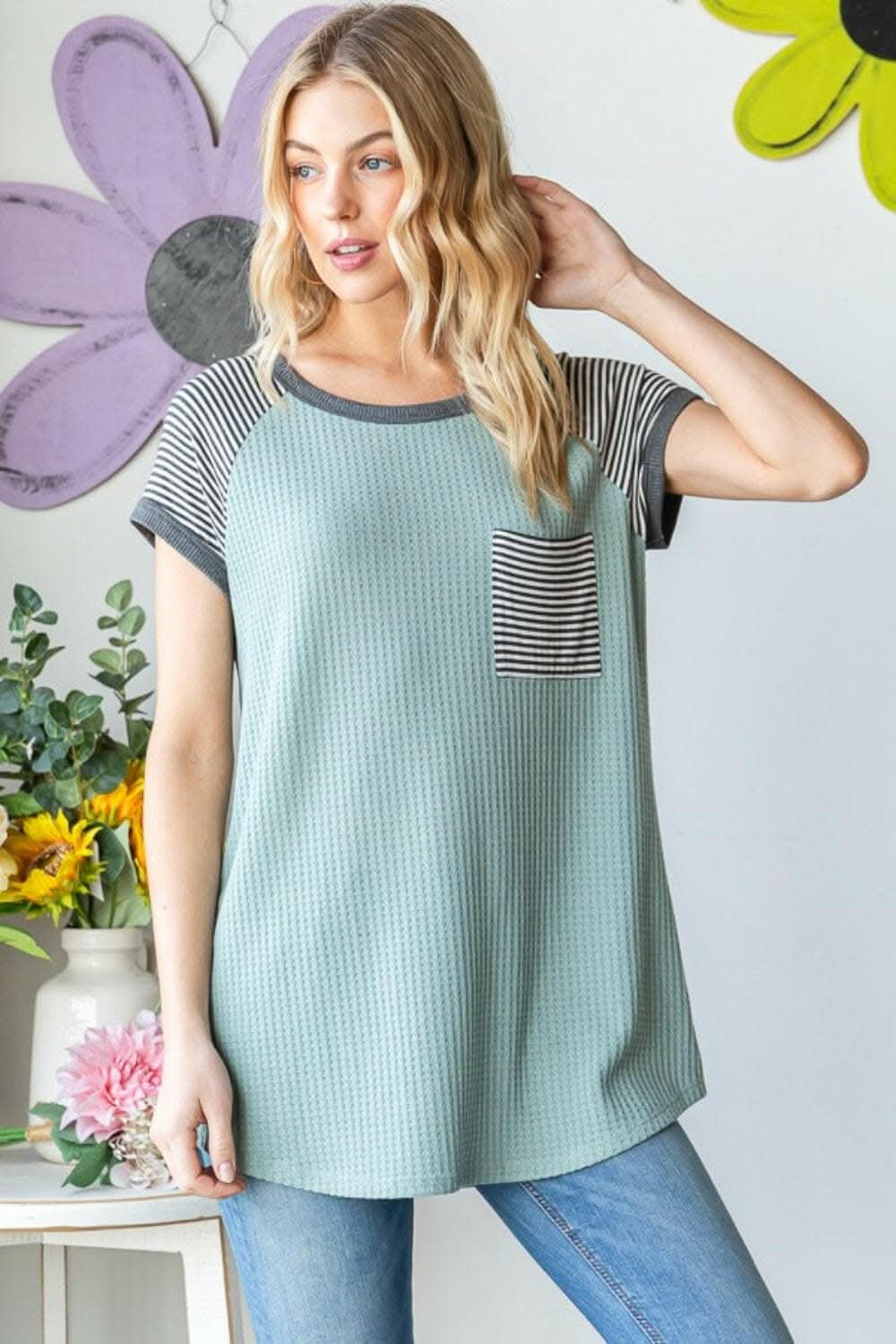 Heimish Full Size Striped Short Sleeve Waffle T-Shirt 