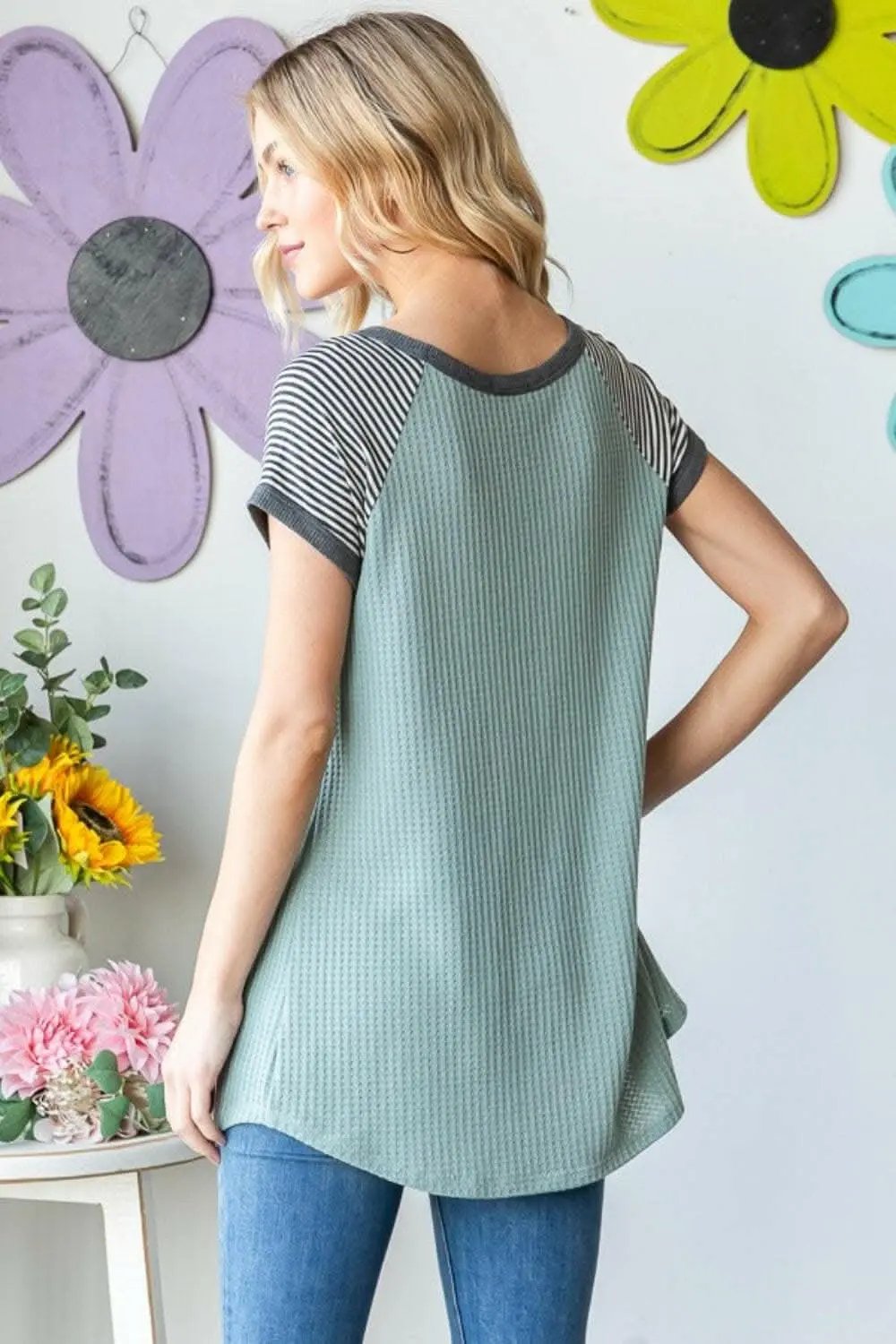 Heimish Full Size Striped Short Sleeve Waffle T-Shirt - Love Salve 