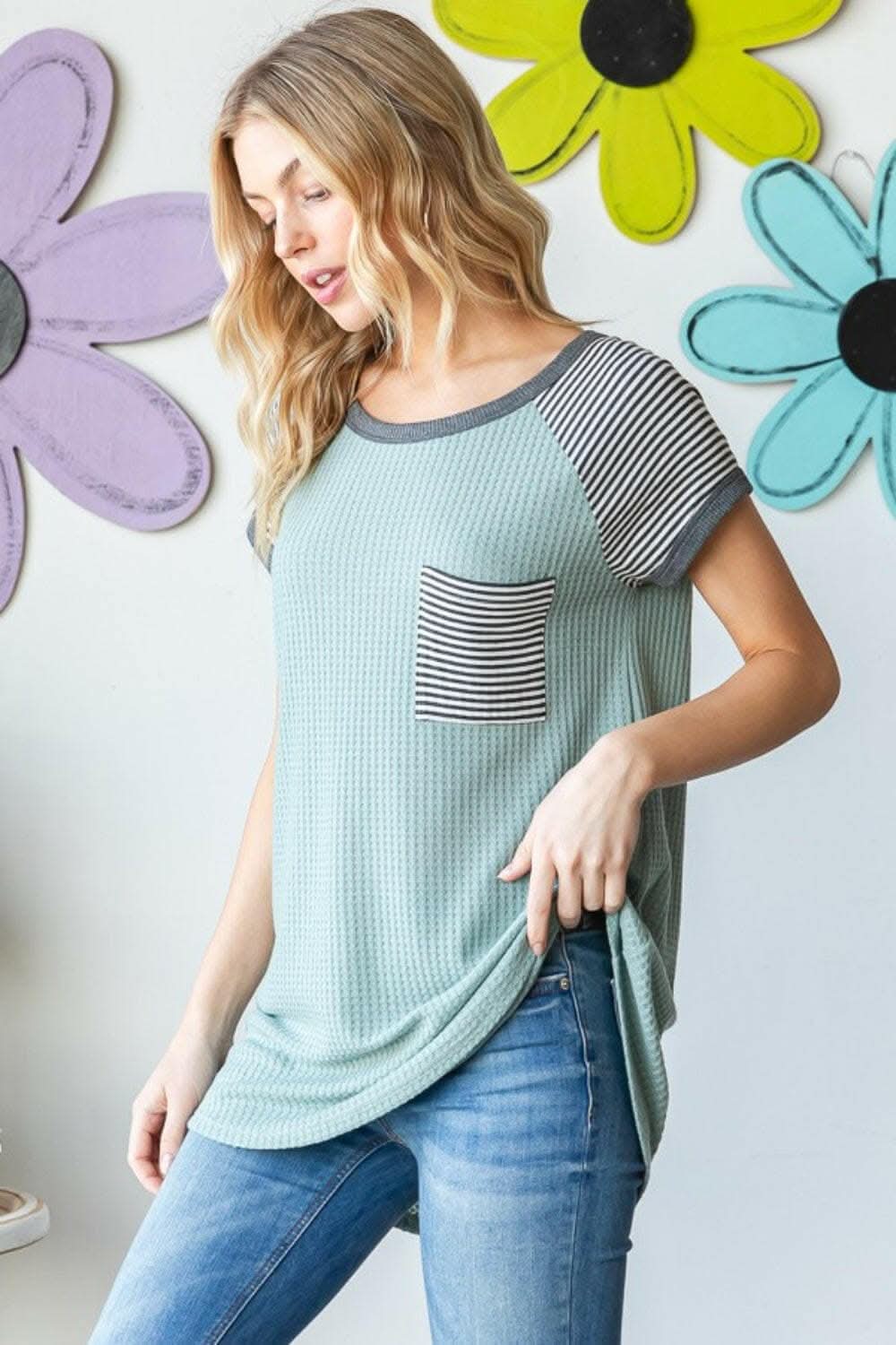 Heimish Full Size Striped Short Sleeve Waffle T-Shirt - Love Salve 