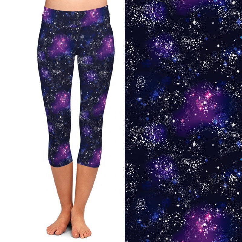 MM Galaxy Leggings close-up, highlighting the intricate nebula and star print for unique celestial activewear.