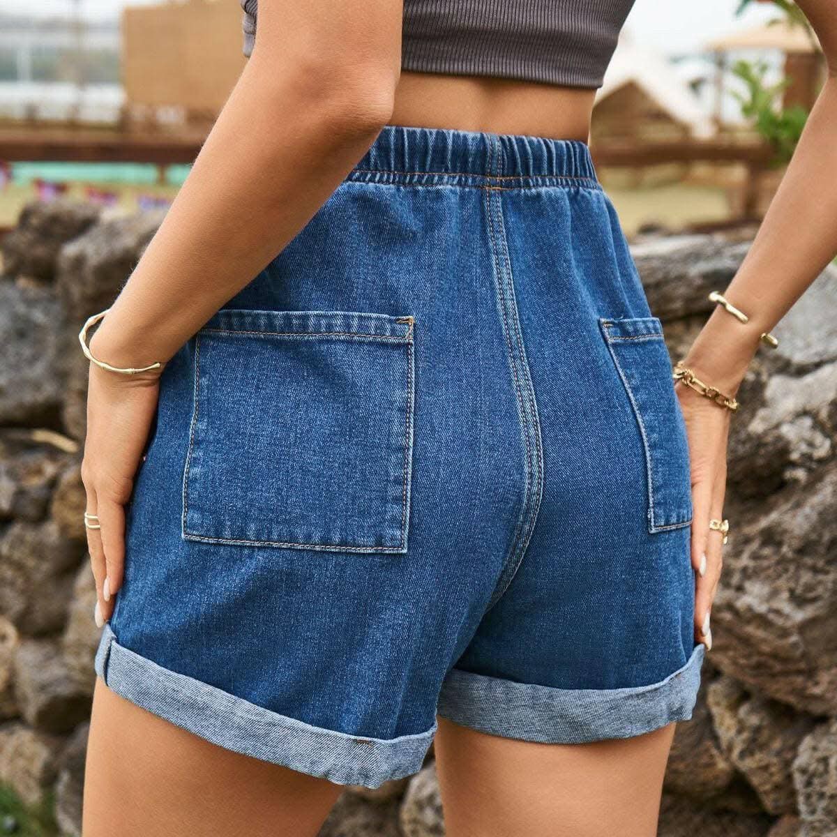 High-waisted denim shorts with pockets - Love Salve 