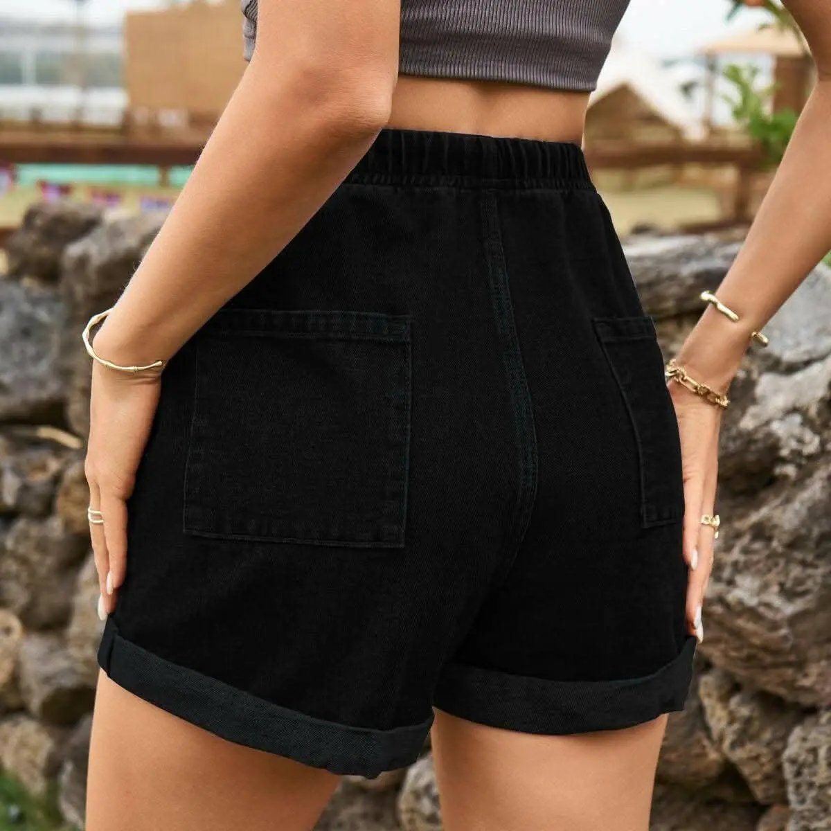 High-waisted denim shorts with pockets - Love Salve 