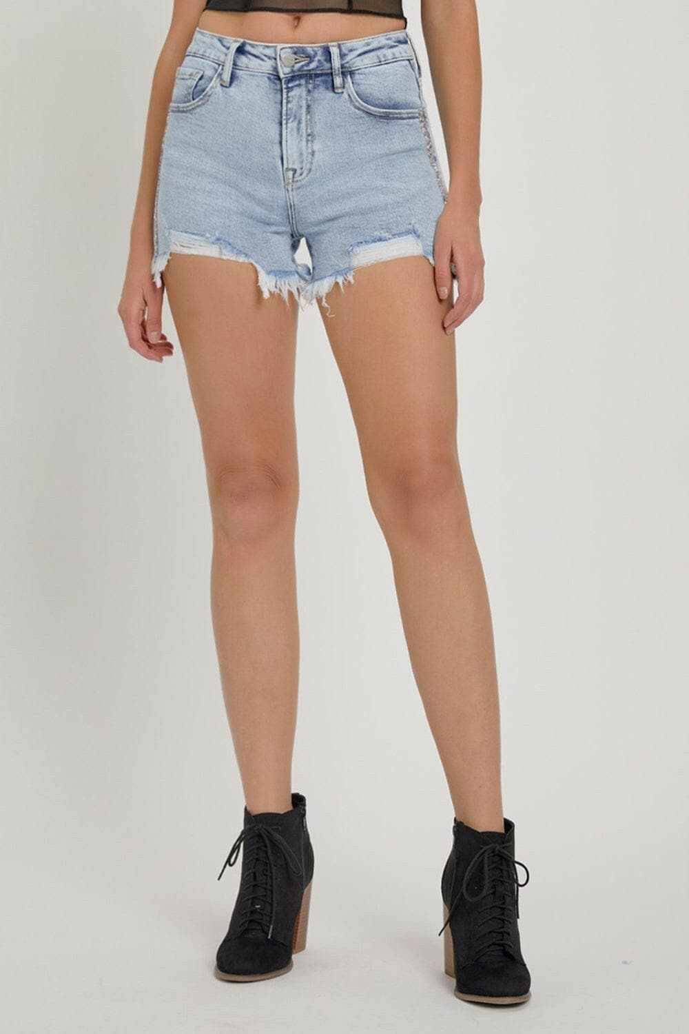 High rise rhinestone denim shorts - Love Salve 