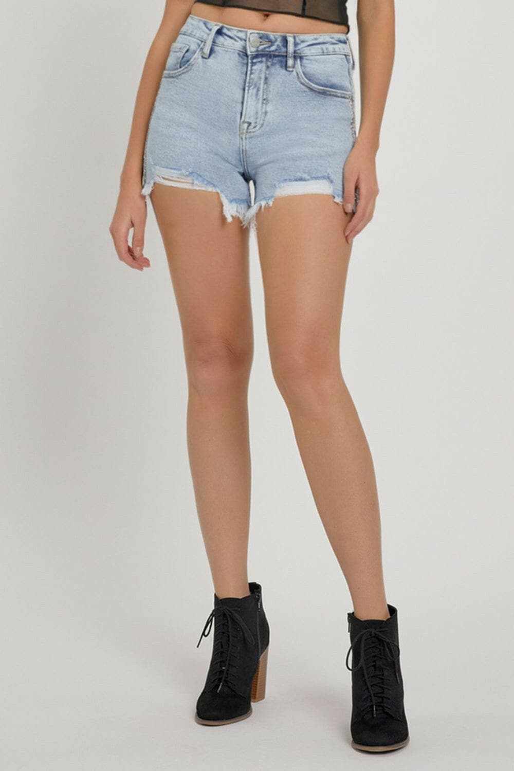 High rise rhinestone denim shorts - Love Salve 