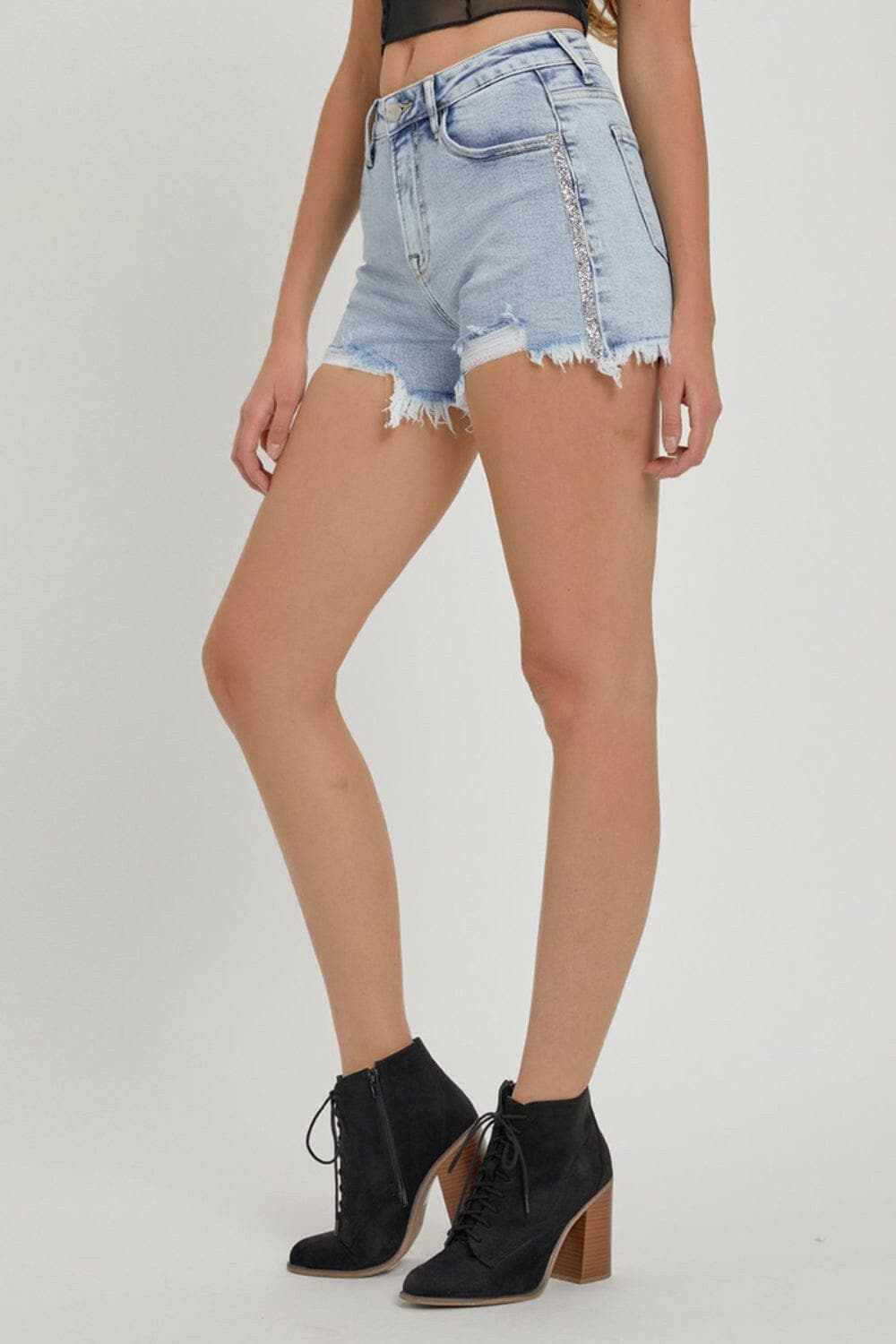 High rise rhinestone denim shorts - Love Salve 