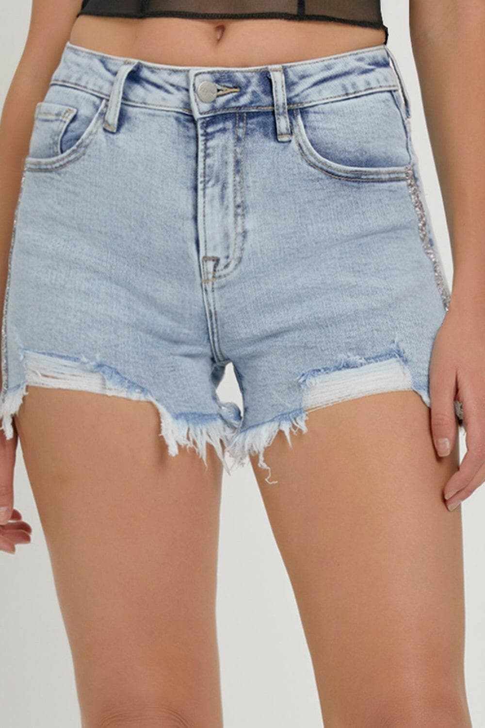 High rise rhinestone denim shorts - Love Salve 