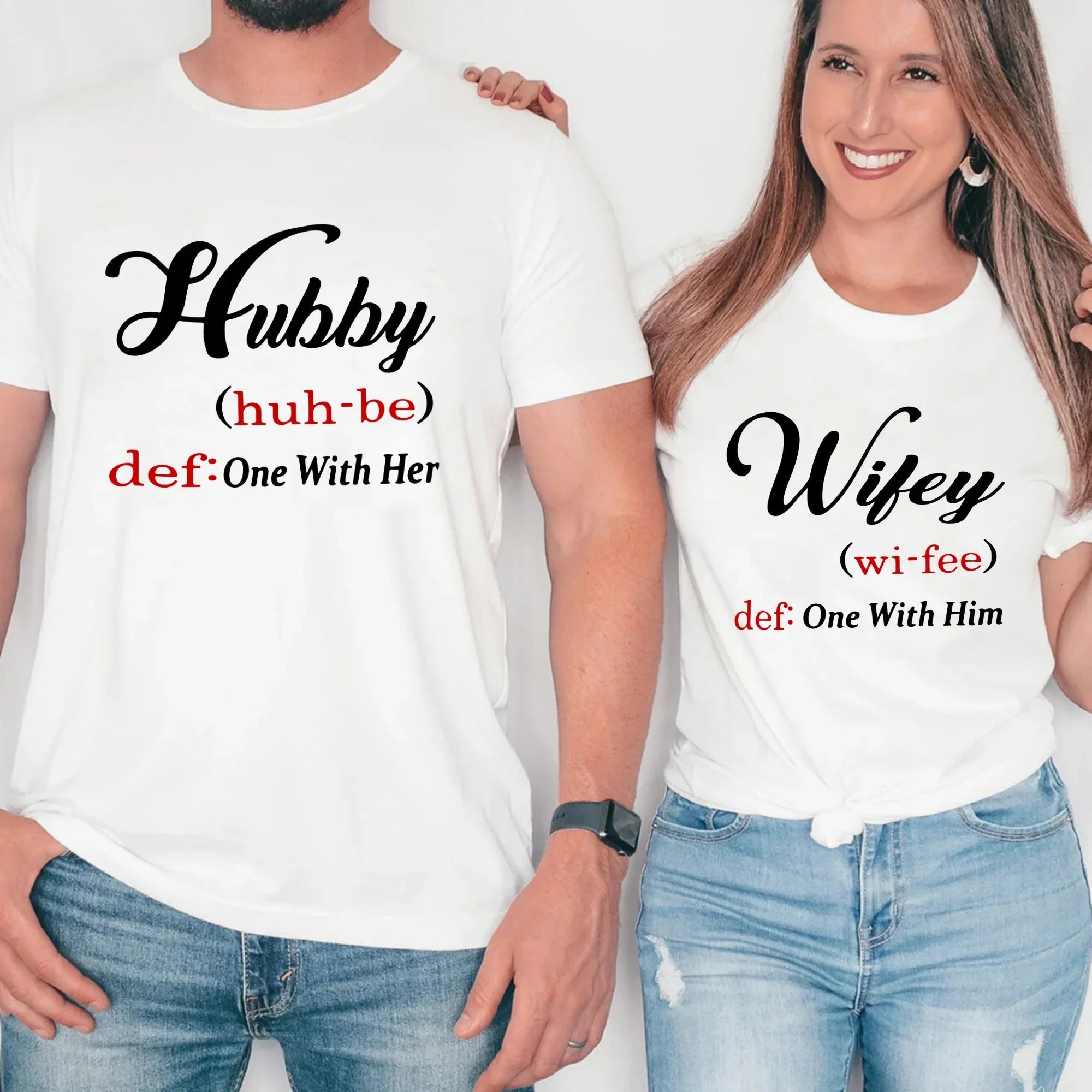 Adorb.co Hubby & Wifey Definition Couple T-shirts, flat lay view showcasing the coordinated white and black designs. Ideal fu
