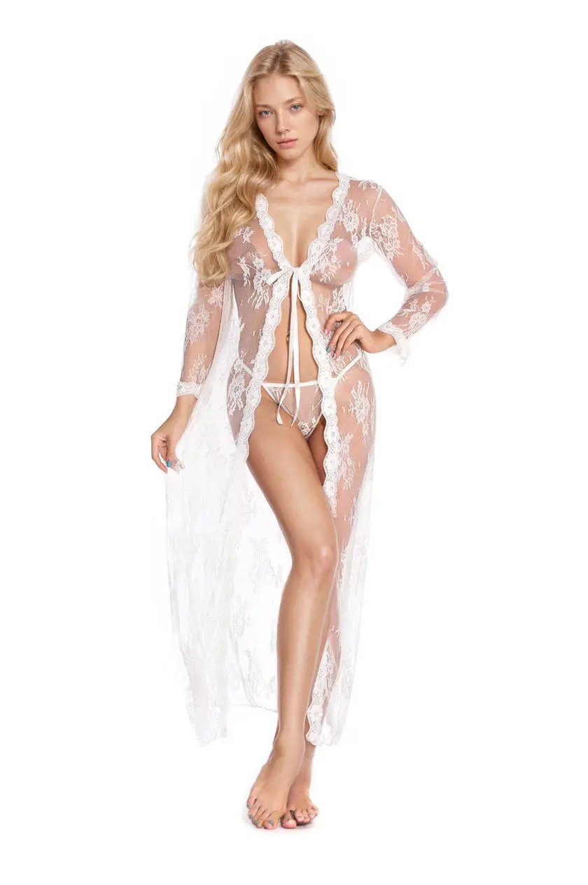 3wishes.com Apparel & Accessories > Lingerie - Long Lace Babydoll Robe - Premium Quality 3wishes.com