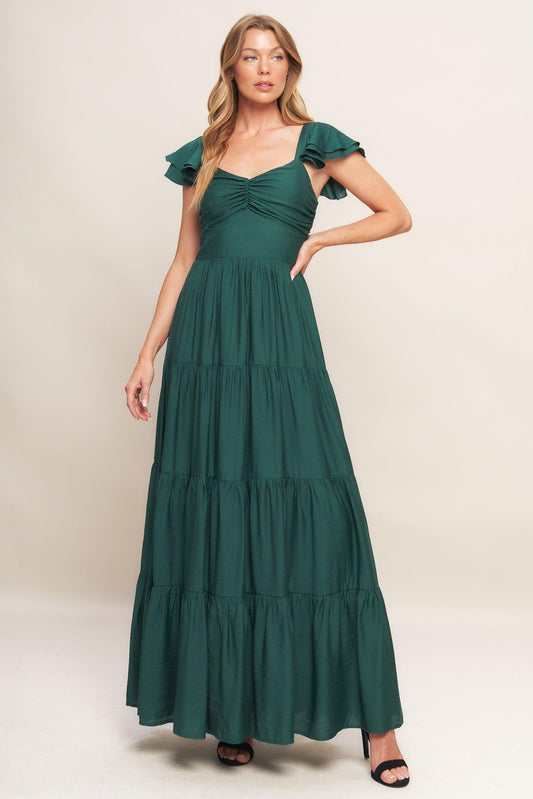 Flying Tomato Summer Milk Forest Green Woven Maxi Dress, full view, showcasing its elegant, flowing silhouette for quality ap