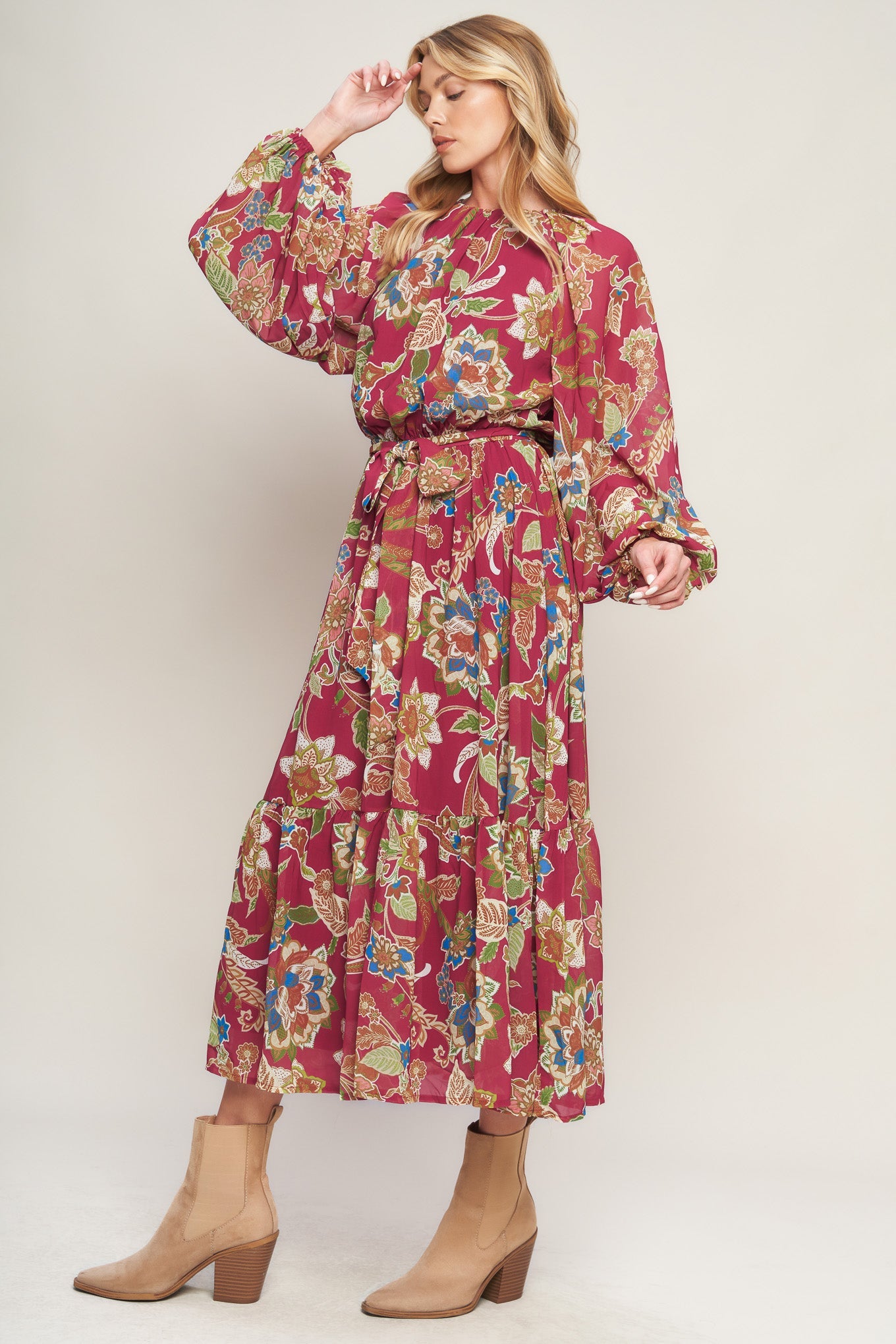 Florally Chic Woven Midi Dress With Elasticized Waist Self Tie And Flounce Hem Long Sleeves