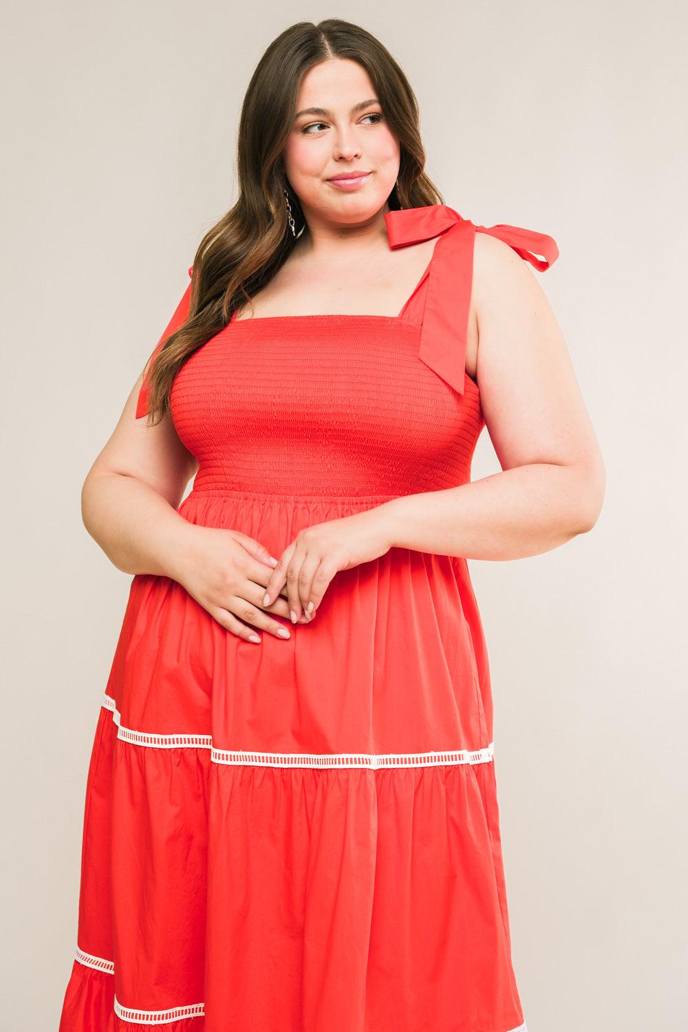 Close-up on the waistline of the Flying Tomato BETTER THAN EVER POPLIN MIDI DRESS, illustrating its structured yet relaxed fi