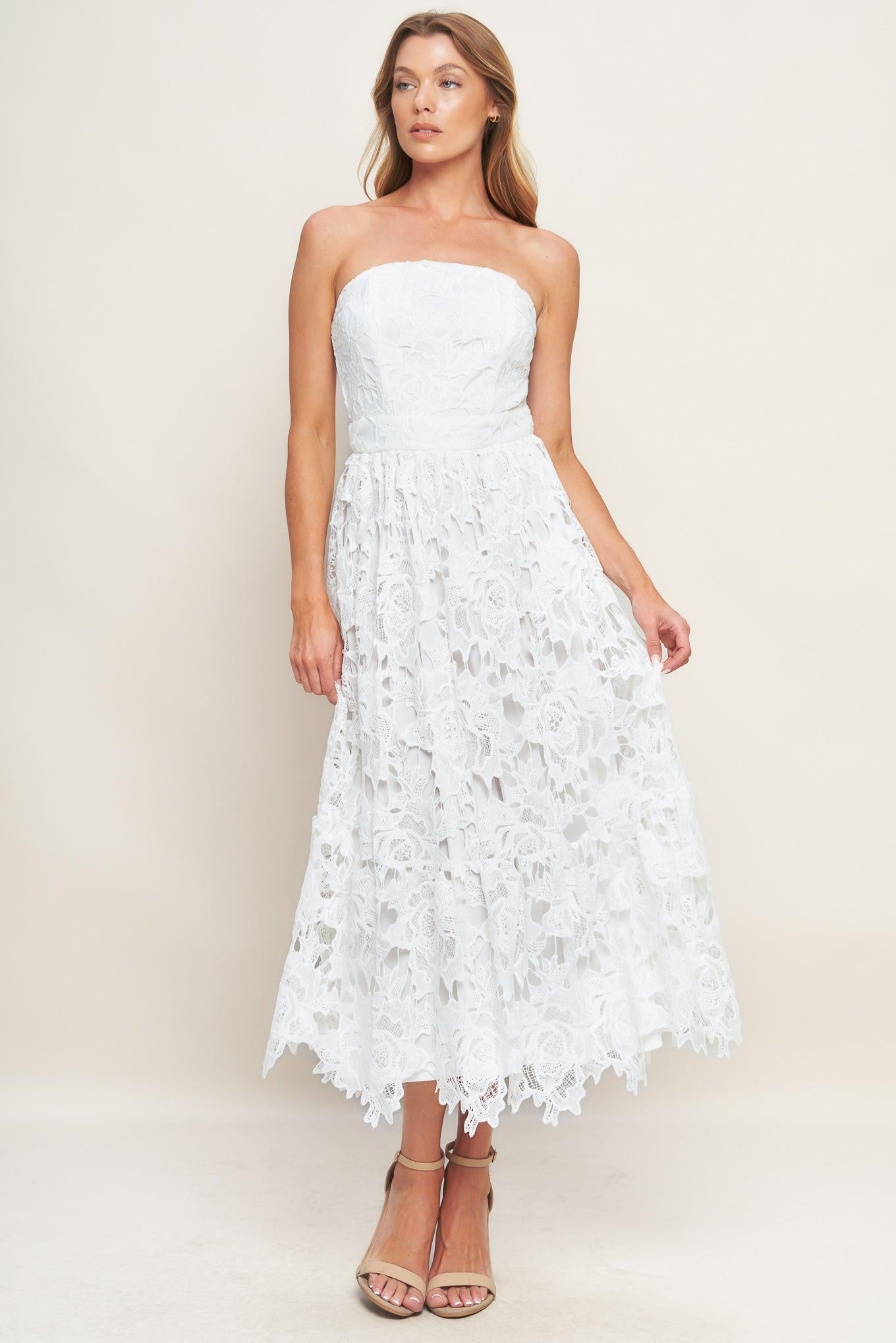 Flying Tomato CAREFREE NIGHTS LACE OFF WHITE MIDI DRESS, elegant and flowing, perfect for quality evening wear.