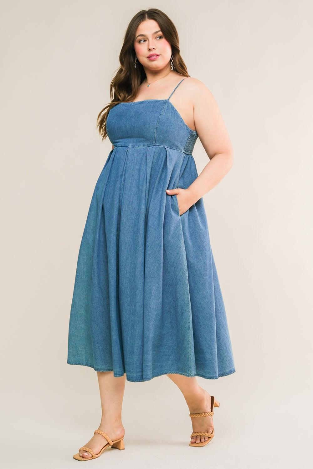 Another angle of the Flying Tomato CAPTIVATING HEART DENIM MIDI DRESS. Versatile blue denim dress with charming heart motif.