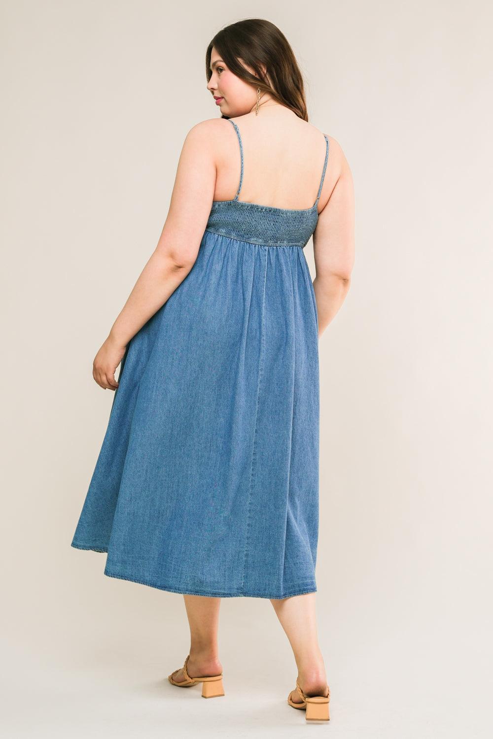 Flying Tomato CAPTIVATING HEART DENIM MIDI DRESS, showcasing sleeve detail. Comfortable and fashionable denim midi dress for 