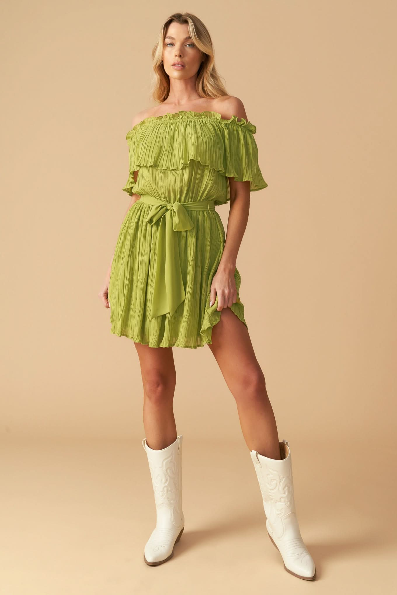 Woven Off-Shoulder Ruffled Mini Dress