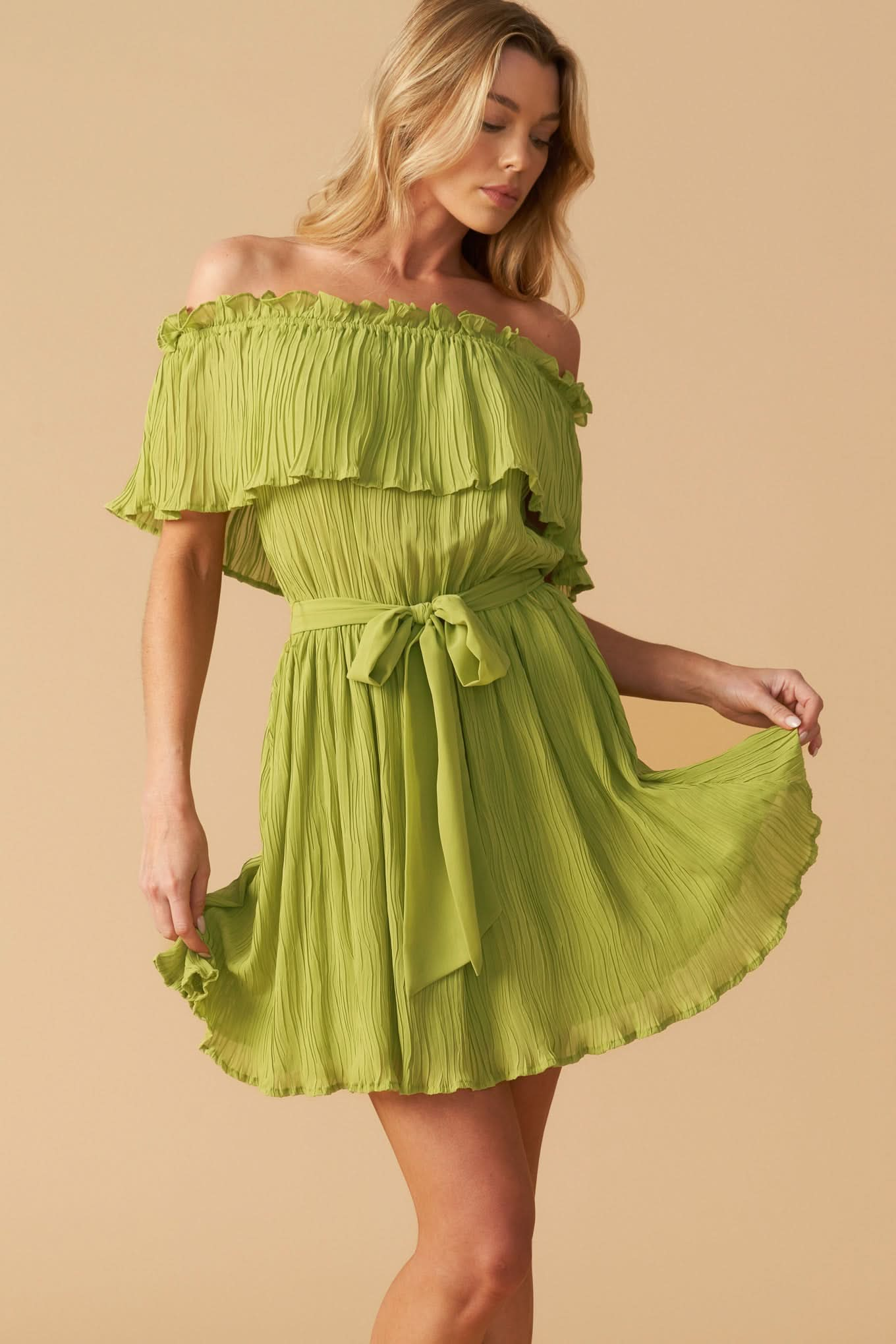 Woven Off-Shoulder Ruffled Mini Dress