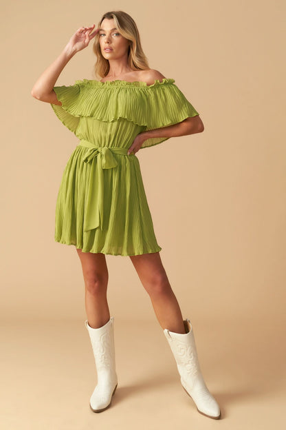 Woven Off-Shoulder Ruffled Mini Dress