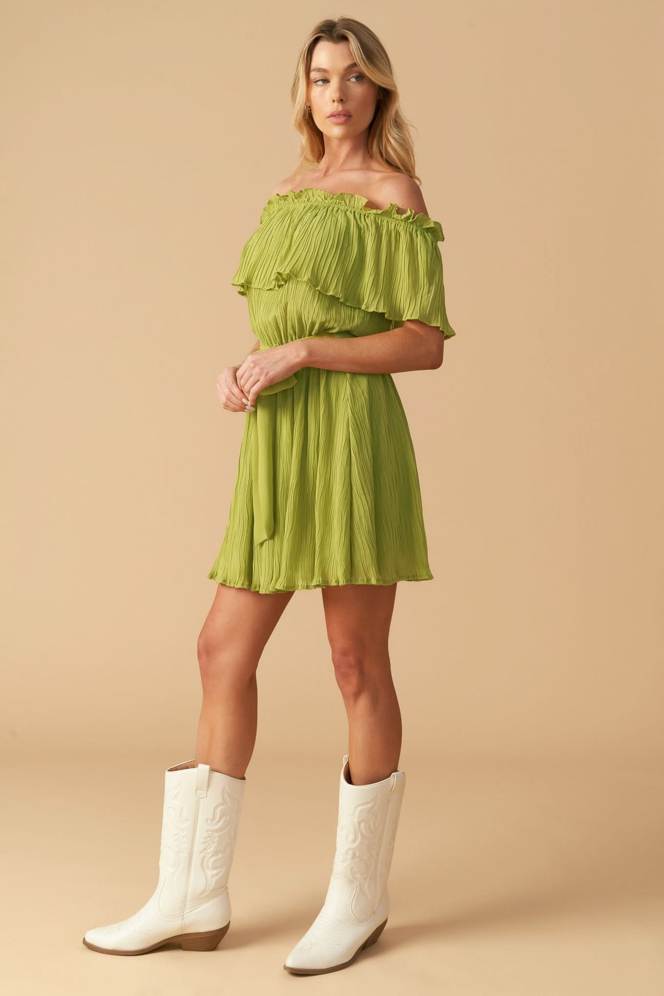 Woven Off-Shoulder Ruffled Mini Dress