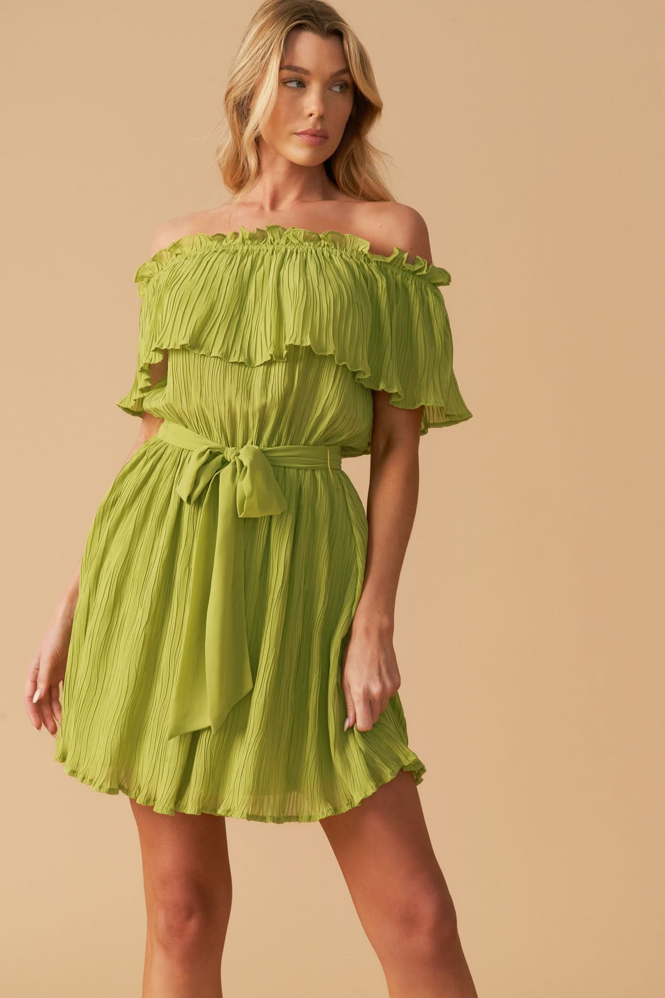 Woven Off-Shoulder Ruffled Mini Dress